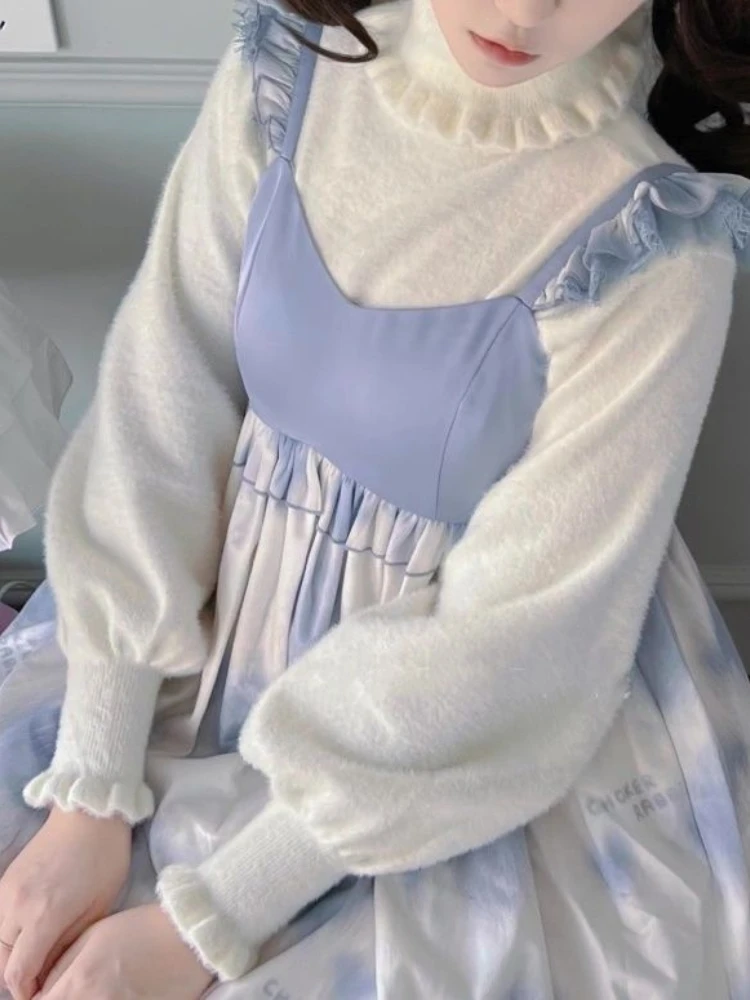 KOSAHIKI Soft Basic Pullover Women Japanese Ruffle Turtleneck Puff Sleeve Sweater Jk Lolita Inside Jumper Fairy Sueter Top