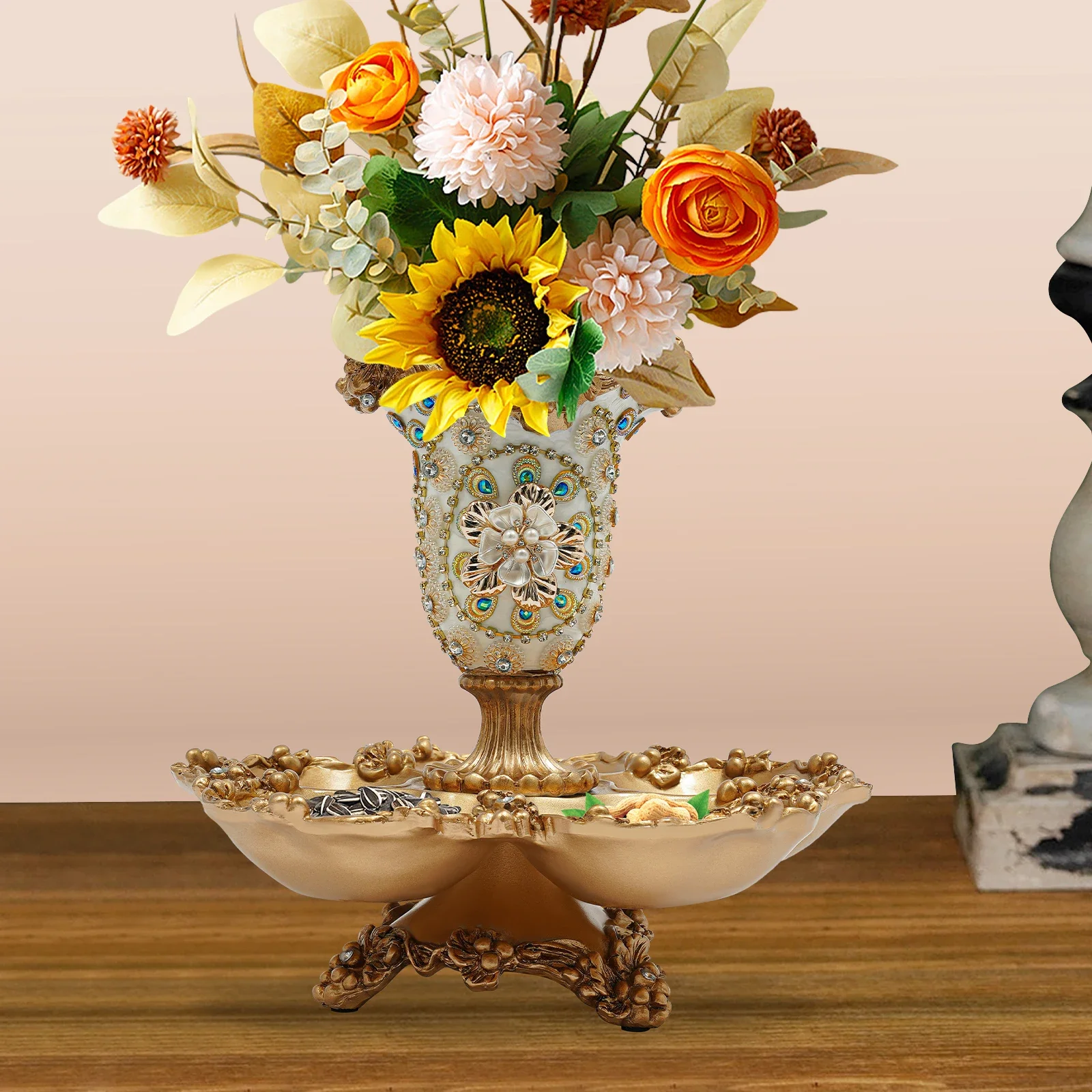 

2-х уровневая ваза с фруктами для кухонной стойки, тарелка с корзиной с фруктами из смолы, подносы для закусок для украшения (не включает искусственные цветы)