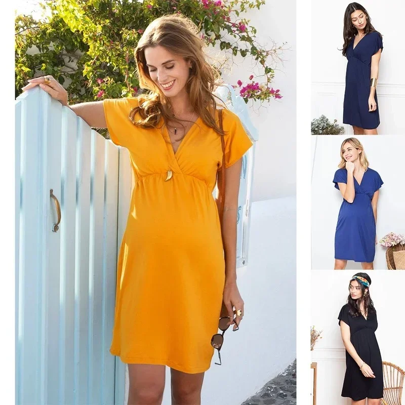 

Photography Clothes for Women Pregnancy Deep V-neck Short-sleeved Breastfeeding Photo Shooting Nursing Dress