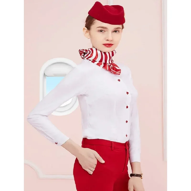 

New Airline Flight Attendant Shirt Female Summer Stewardess Long-Sleeved Shirt Front High-Speed Rail Attendant Shirt- White