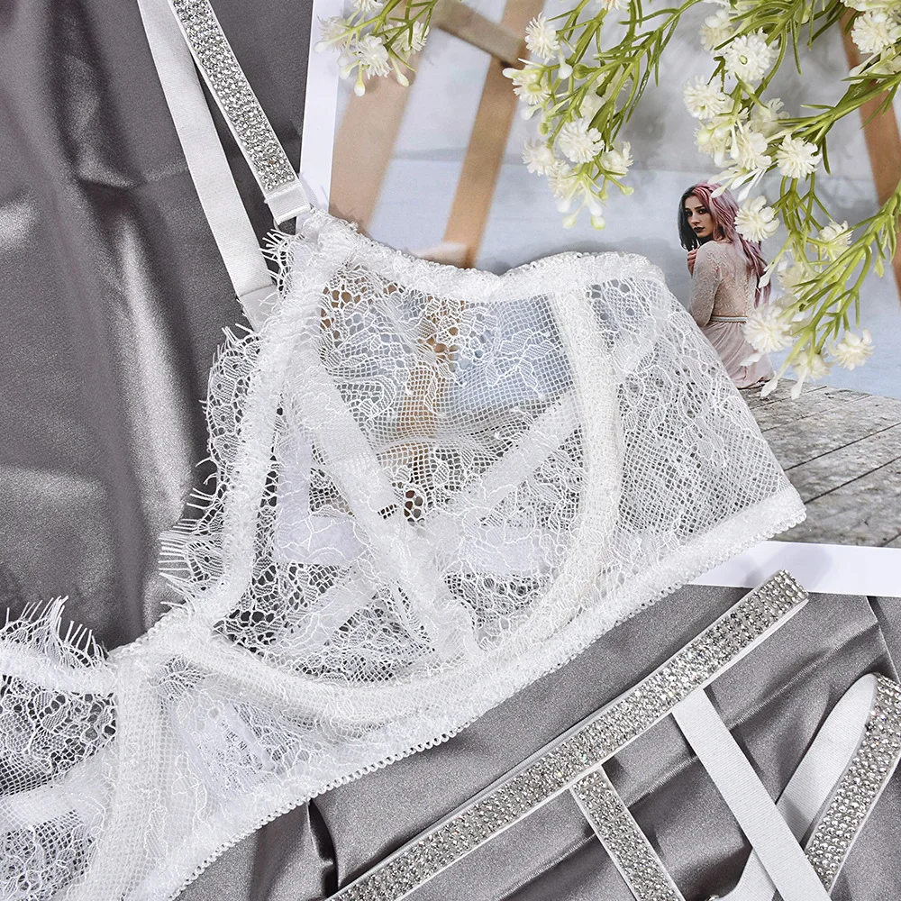 Strass-Dessous-Set für Damen, transparente Spitze, Push-up-BH, transparente Unterwäsche für erotisches Nacht-Outfit
