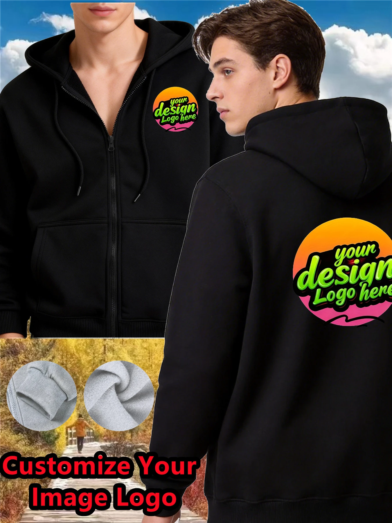 [Customized Product] Customized Men's Hooded Sweatshirt. The chest, back, sleeves, and hood can all be printed. There are pocket