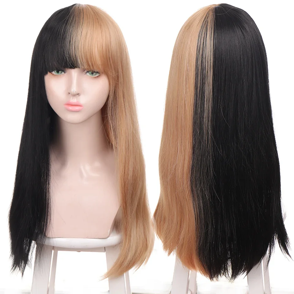 Women's long straight synthetic hair cosplay wig black linen gray white pink red two-color stitching wig heat resistance