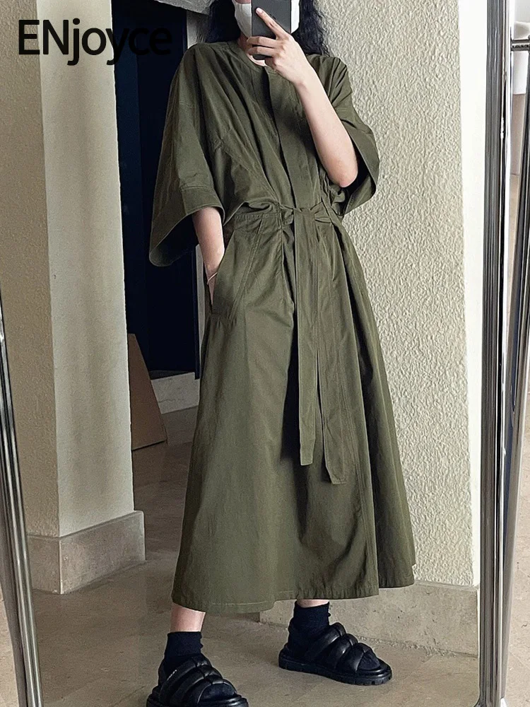 

ENjoyce Spring Summer Vintage Loose Shirt Dress with Belt Women Japanese Streetwear Casual Lace Up Ladies Plus Size Long Shirts