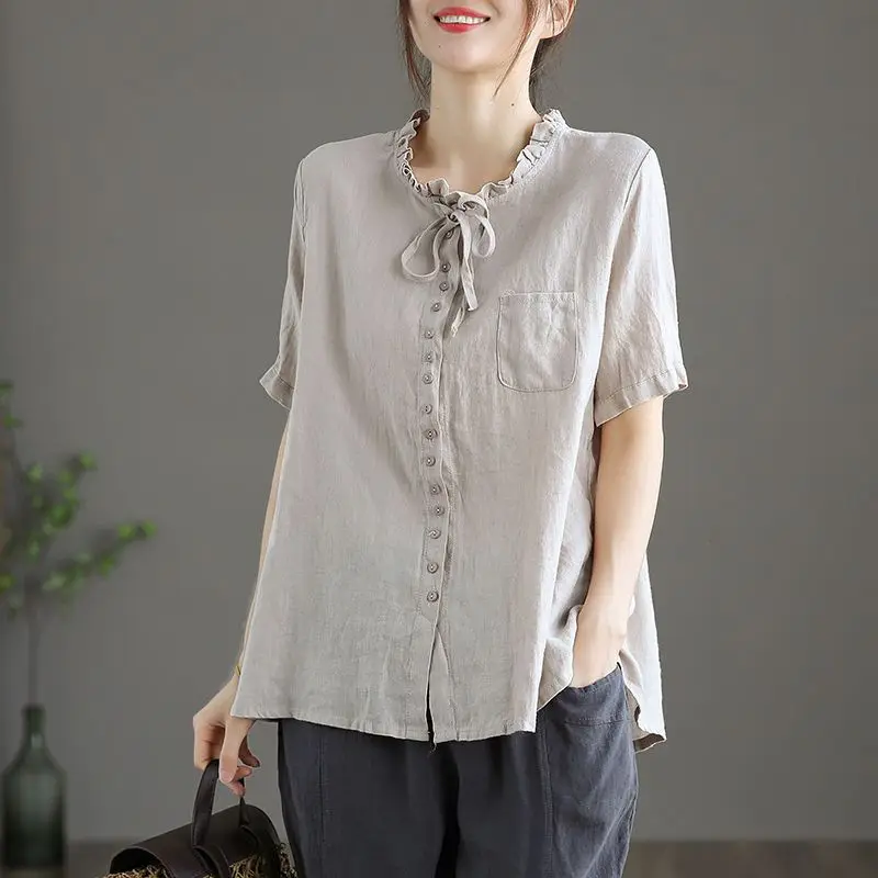 Summer New Ruffles Collar Literary Vintage Solid Color Cotton Shirt Ladies Short Sleeve Loose Casual Blouse Women Lace Up Top