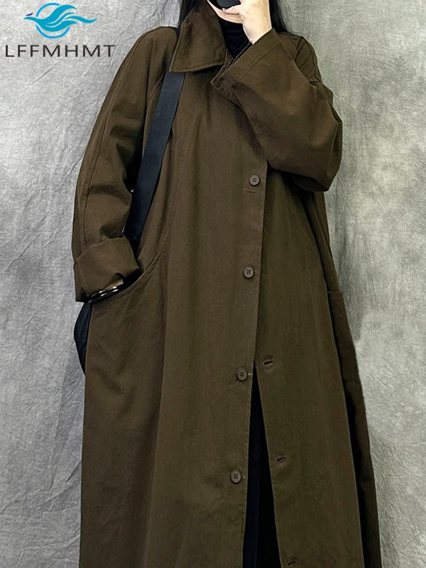 

Women's Loose Casual Windbreaker Long Sleeve Solid Color Fashionable Pocket Single Breasted Buttoned Coat Comfortable Trench