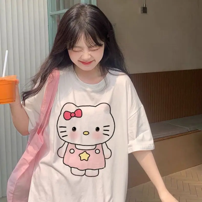 

Summer Cute Hellokitty Short Sleeve Light Luxury Ladies 2025 Loose Leisure Vacation Pure Cotton Fashion Trend Harajuku