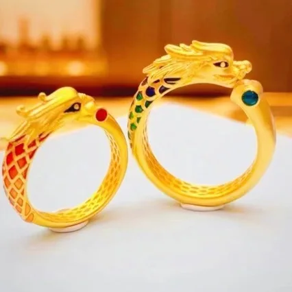 

Ancient AU999 enamel blue dragon and phoenix couple ring 24K ring female high value design fashion dragon year zodiac year ring