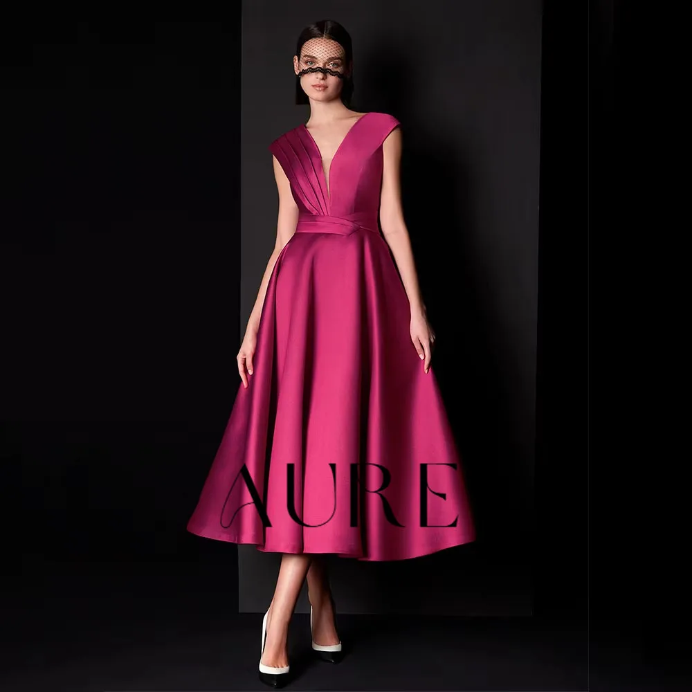 Aure Customized Midi Formal Bridesmaid Gowns Rose Red Satin Deep V Neck A Line Tea Length Party Dress Cross-Criss Cocktail Dress