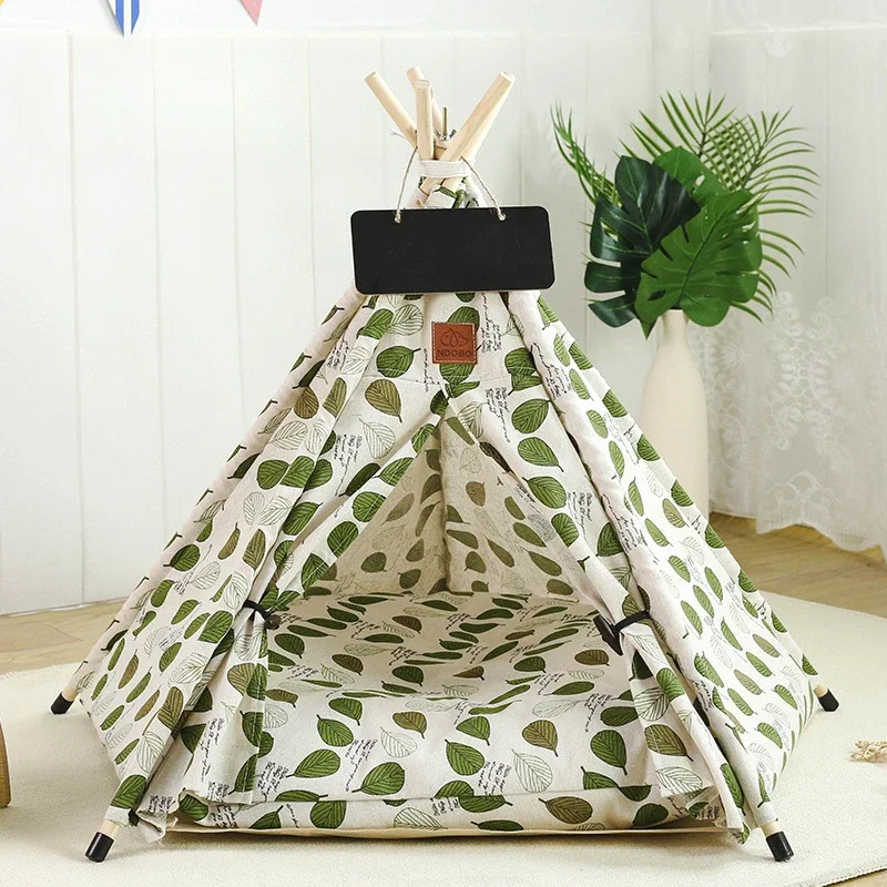 

Dog Teepee with Blackboard Washable Cat Tent Teepee Thick Cushion and Green Leaves Pattern Pet Tipi for Dogs and Cats