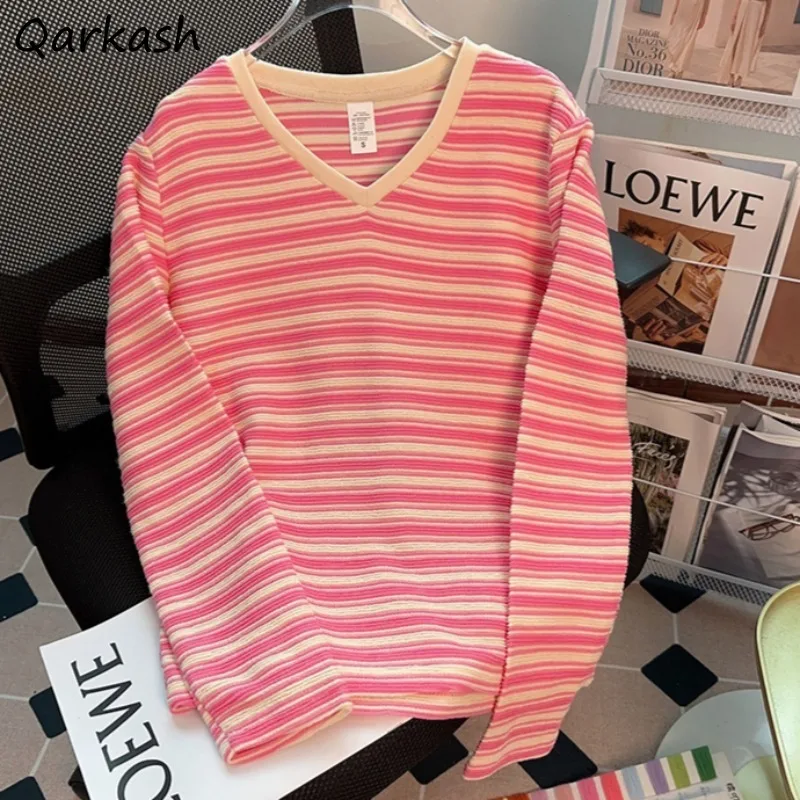 Striped Hoodies for Women No Hat All-match Loose V-neck Long Sleeve Spring Autumn Korean Style Casual Ulzzang Chic Popular Niche