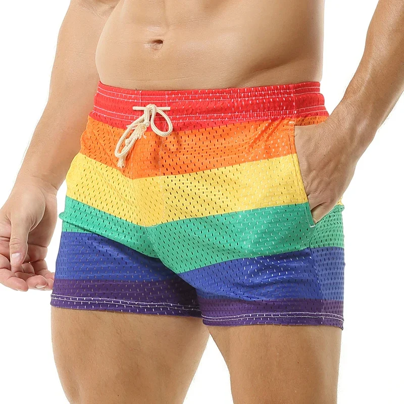 Men's Rainbow Striped Casual Board Shorts Swimwear Fashion Men Mesh Breathable Boxers Board Shorts