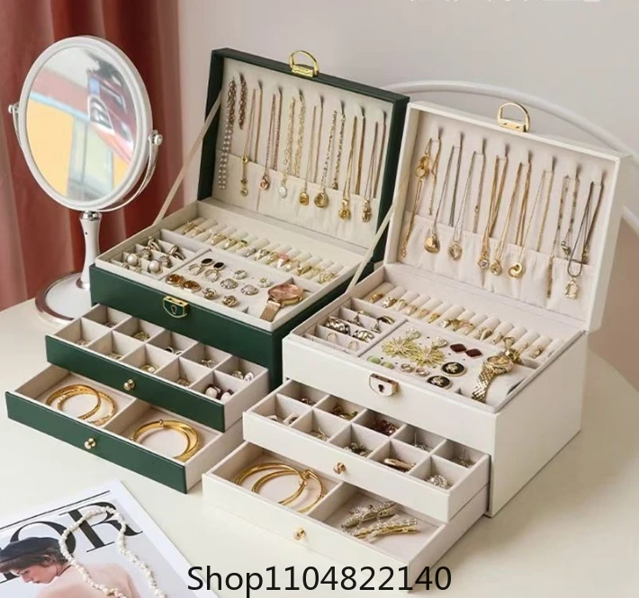 

1pcs Multi Functional Three Layer Leather Drawer Style Jewelry Box Earrings Earrings Lock Jewelry Box