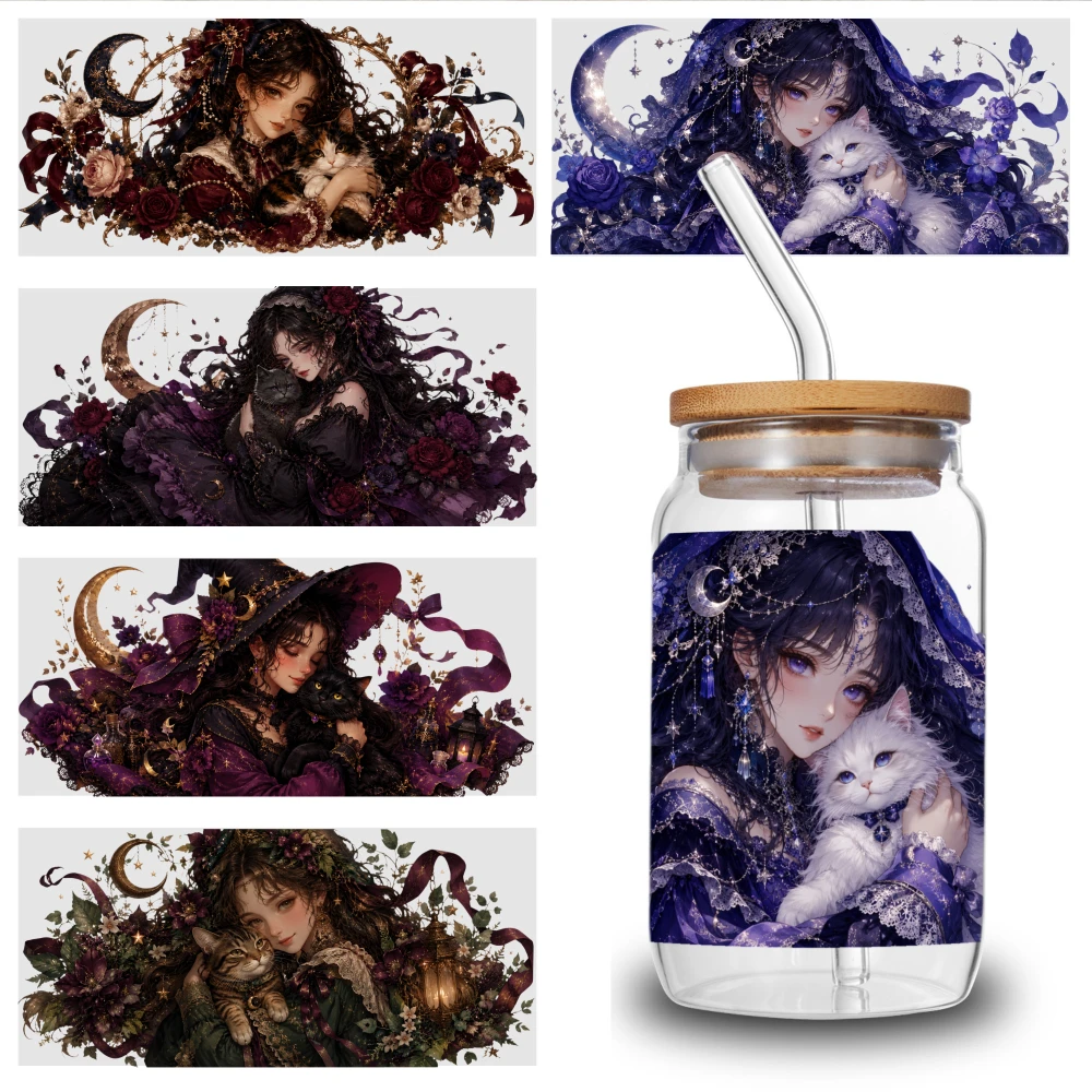 5 Sheets Mystical Girl With Cat UV DTF Stickers UV DTF Transfer Stickers for Glass Cups Waterproof Rub on Transfers Mug