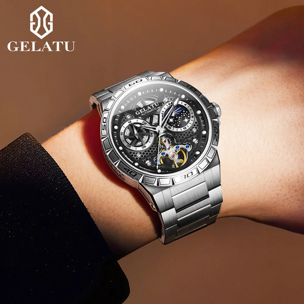 GELATU 6020 Men\'s Watches Classic Fashion Original Waterproof Automatic Mechanical Watch for Man Hollow Flywheel Moon Phase Dial