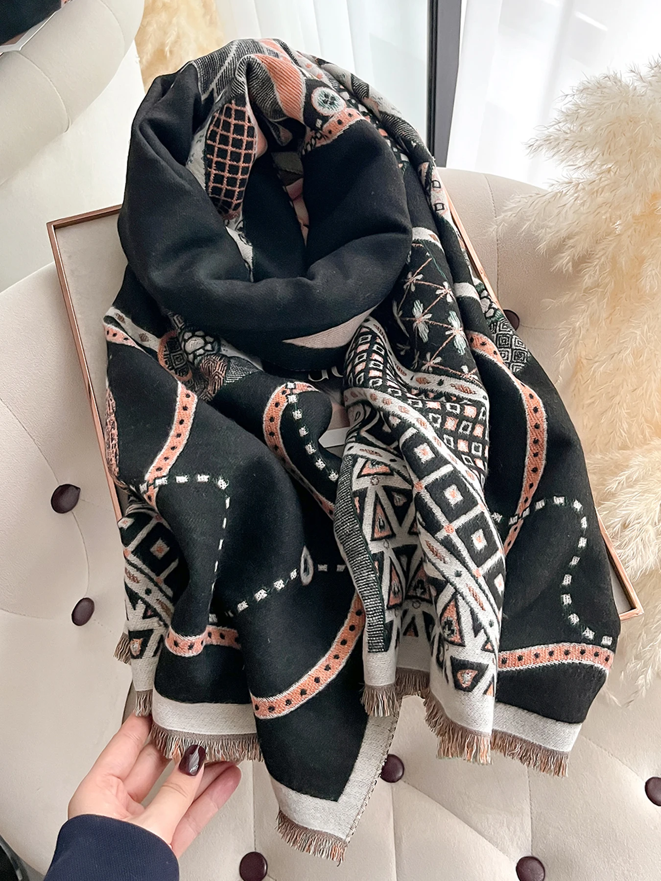 Eleganter Pashmina-Schal mit Pferdemuster für Damen, luxuriöser Kaschmir-Schal, dick, warm, Herbst- und Winterdecke, Stola, langes Design – Detail 14