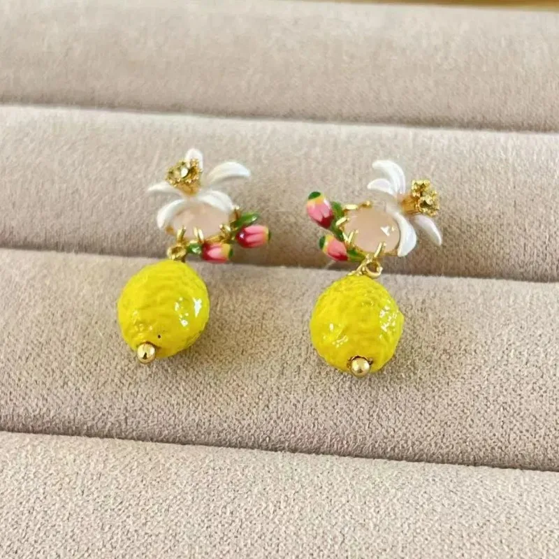 Rural Series French Style Cute Yellow Lemon Tassels Dangle Earrings, Handmade Fruit Charms Light Luxury High Sense Jewelry Gifts