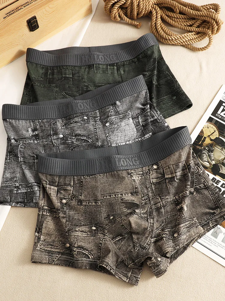 

New 3 Pack Men's Cotton Boxer Briefs Denim Pattern Breathable Comfortable Underpants for Men's Underwear