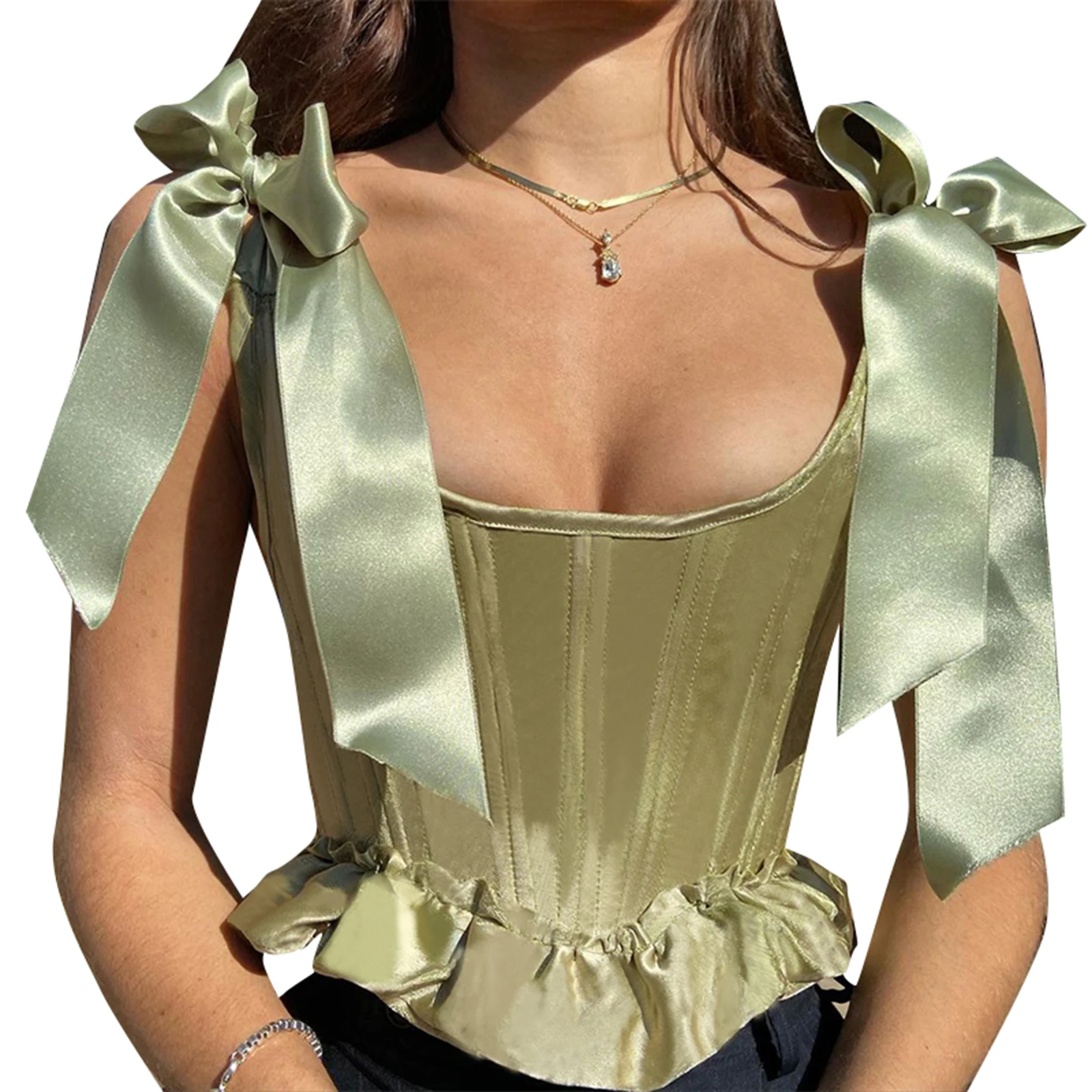 Women\'s Sexy Ruffled Silk Tie Belt Tank Tops Cute Solid Color Bow Tie Strap Sleeveless Criss Cross Lace-Up Corset Tops