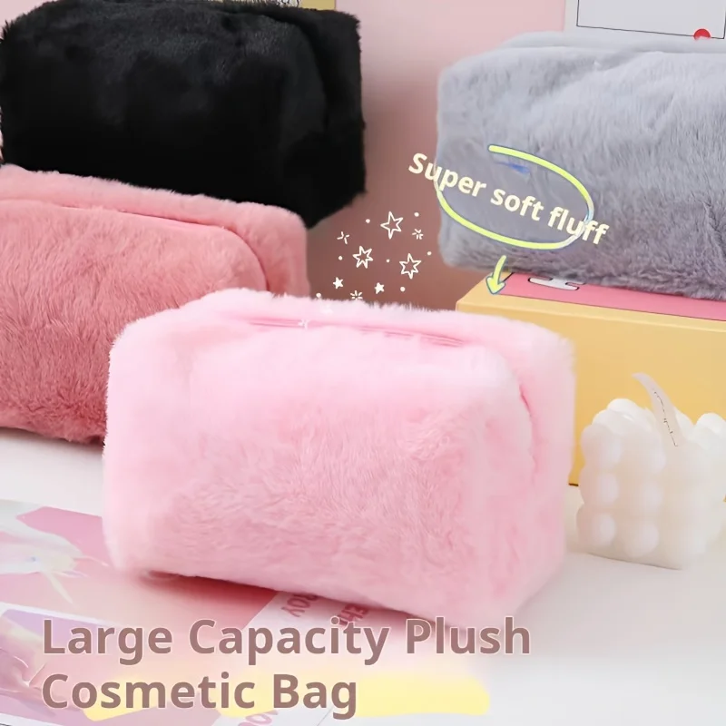 Large Capacity Plush Makeup Bag, Solid Color Portable Soft Storage Bag, Zip Cosmetic Bag for Home Travel Storage Bag Organizer