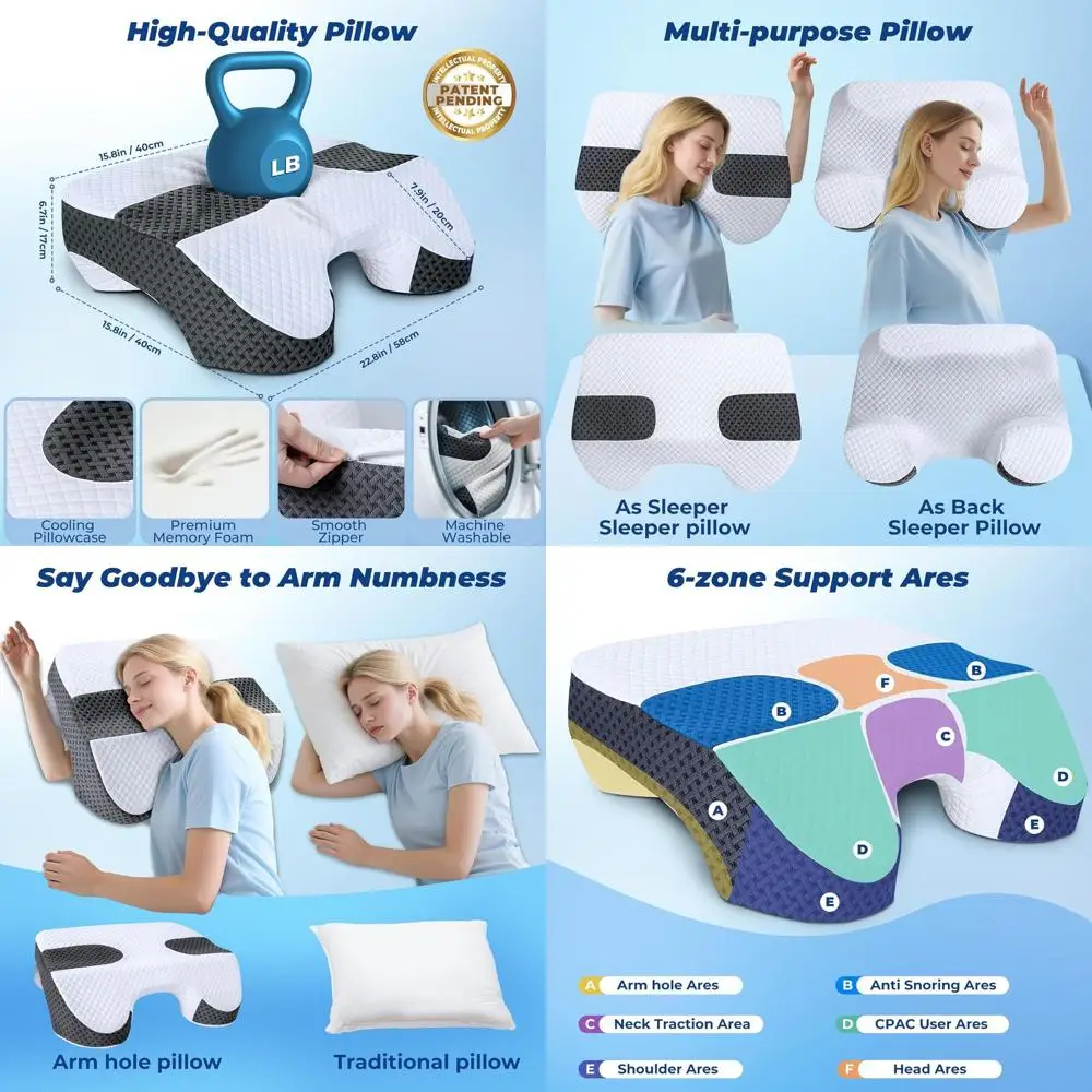

2-in-1 Memory Foam Side Sleeper Pillow with Arm Holes for Shoulder and Rotator Cuff Support, Suitable for Side, Back, and Stomac