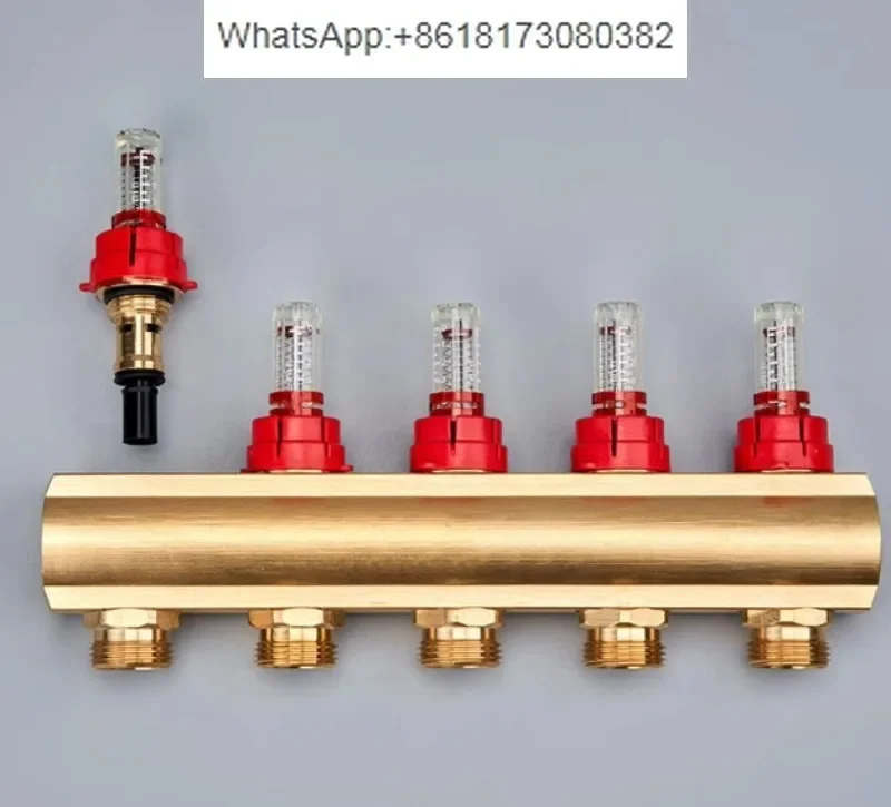 

Brass profile underfloor heating water divider, visible float flow meter, adjustable temperature control type, new model