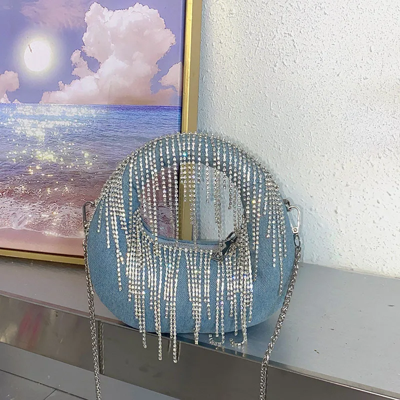 

Women's Rhinestone Tassel Handbags Shiny Chain Splicing Denim Banquet Bag American Fashion Luxury Design Female Crossbody Bags