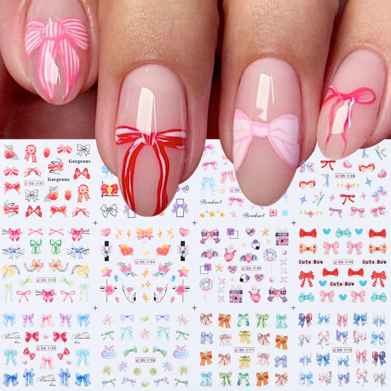 12pcs Colorful Bow Nail Water Stickers Watercolor Bowknot Designs Decals Valentine Nail Art Decorations Foils Manicure Wraps