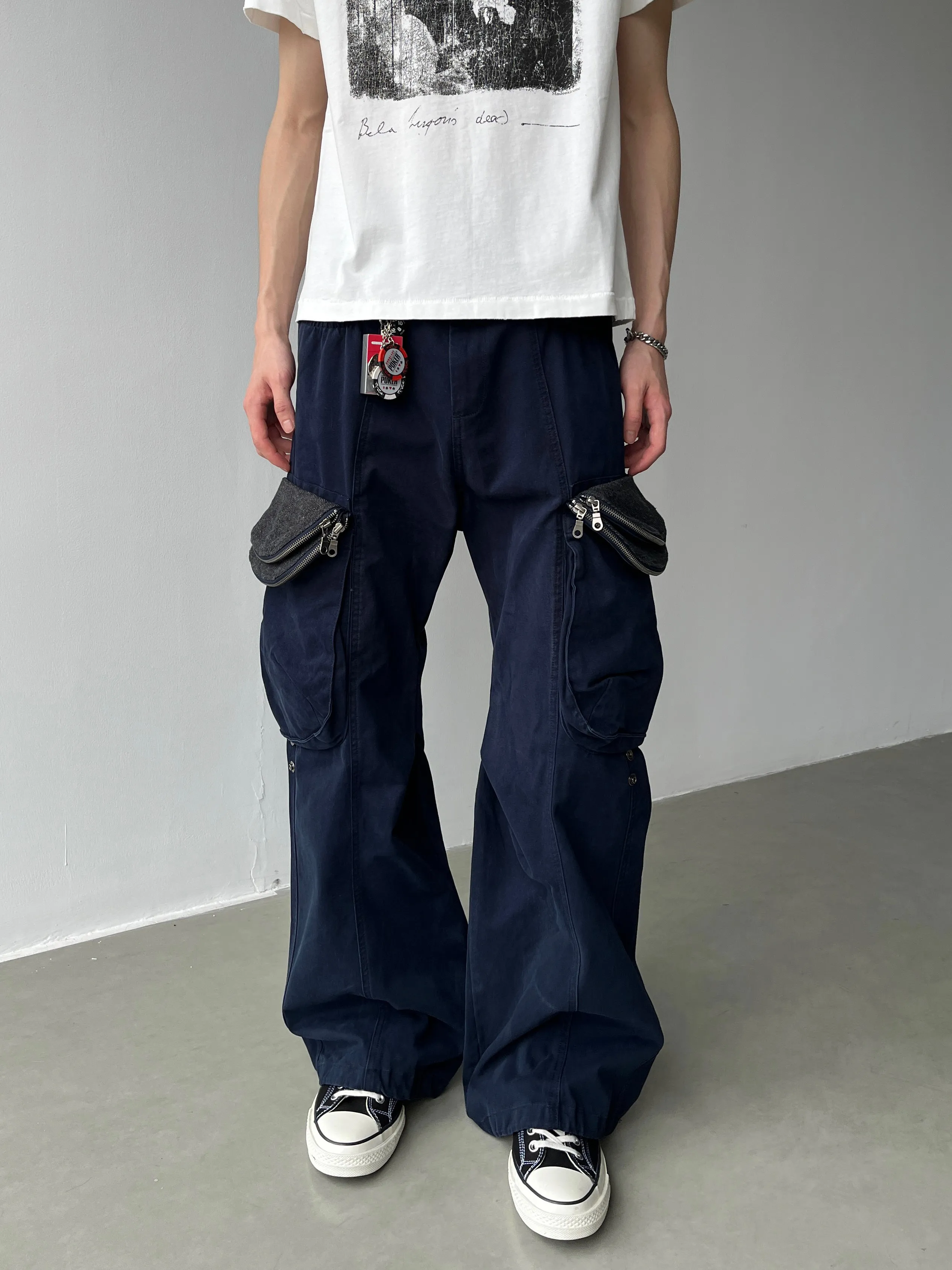 American Street Retro Double Zipper Multi Pocket Work Pants Men Women 3D Cutting Straight Leg Wide Leg Cargo Jeans