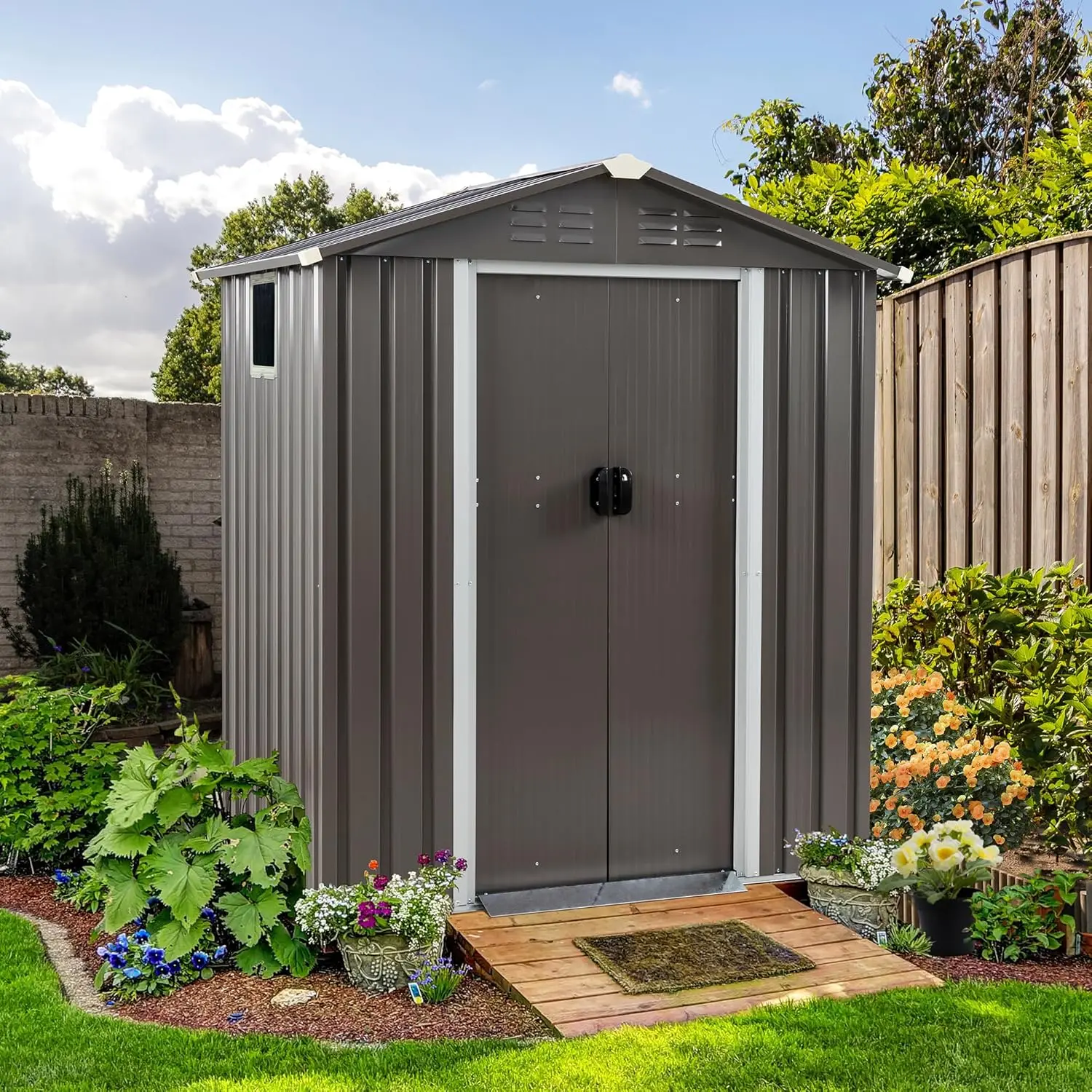 5x3 FT Storage Shed,Waterproof Metal Garden Sheds with Lockable Double Door,Weather Resistant Steel Tool Storage House Shed