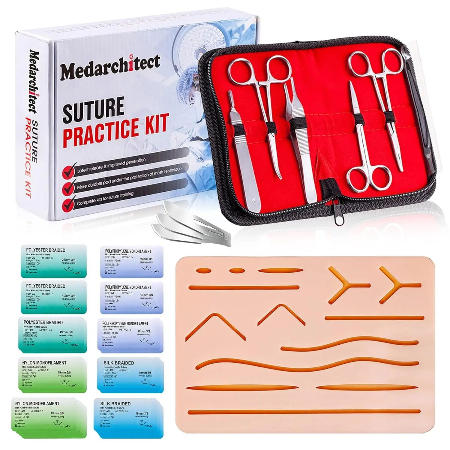 

Medarchitect Suture Practice Kit Upgrade Suture Pad 14 Pre-Cut Wounds Tools include Thread&Needle for Medical Student Training