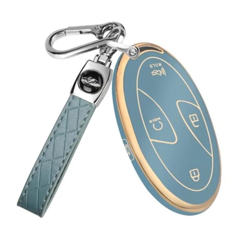 

for Car Key Fob Cover, TPU 360 Degree Car Key Case Protector with Leather Keychain, Smart Key Blue