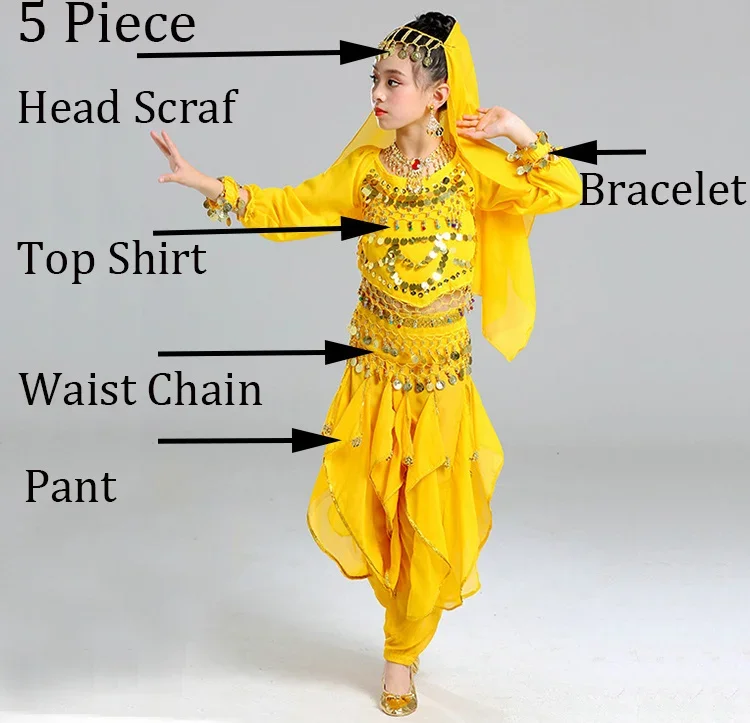 Dance Wear Children Belly Dance  Costume Set Girls Indian Flowers Outfit 5pcs (Top Belt Skirt Veil Headpiece)