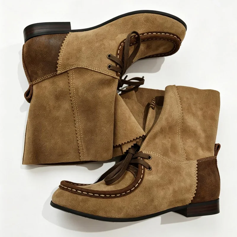 Winter Street Style Vintage Pleated Women Ankle Boots Color Blocking Lace Up Round Toe Riding Western Short Boots Mujer