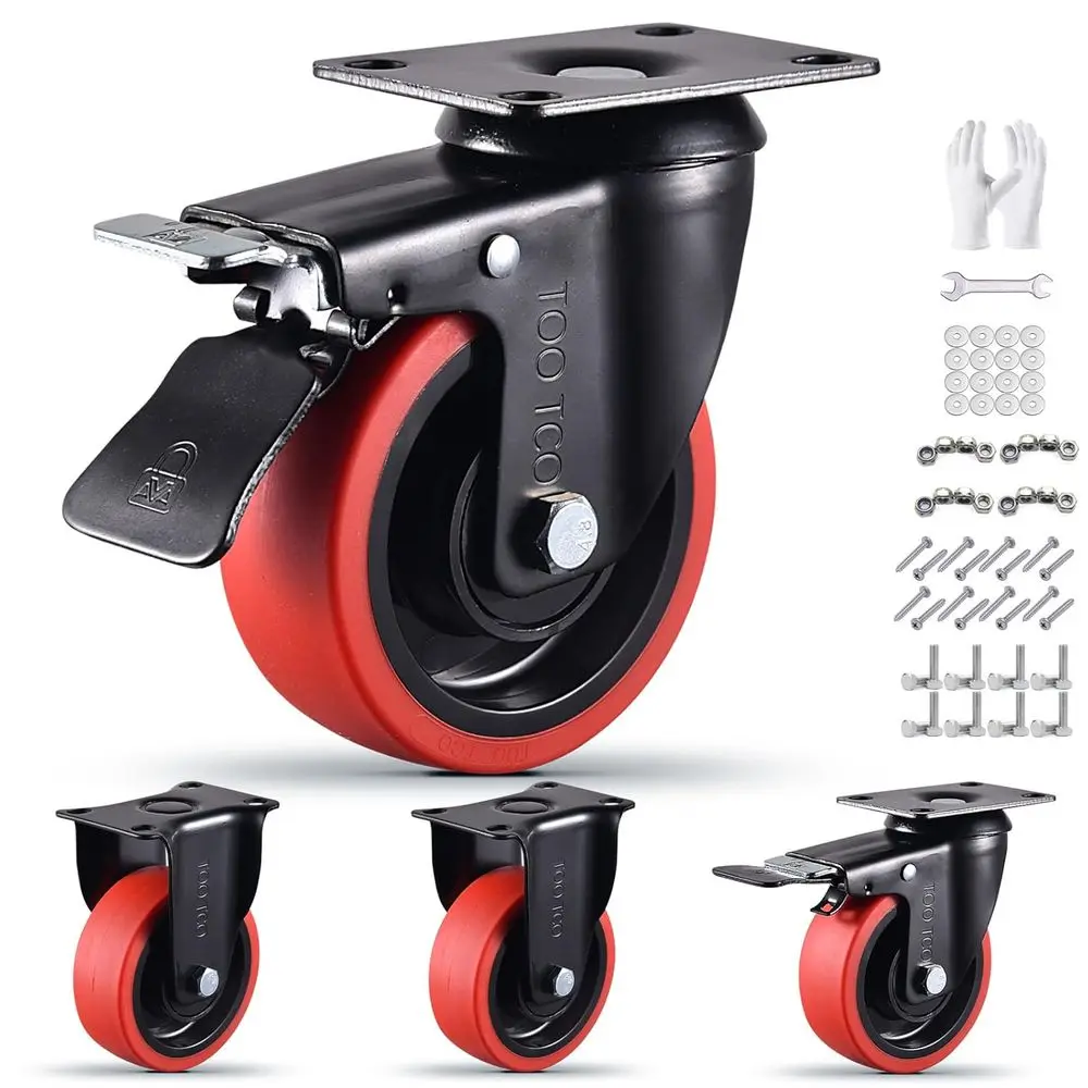 

Комплект из 4-х 4-дюймовых усиленных колес-роликов, грузоподъемность 2200 фунтов, бесшумные поворотные колеса с тормозом и жесткими колесами из TPR-резины, с фиксатором.