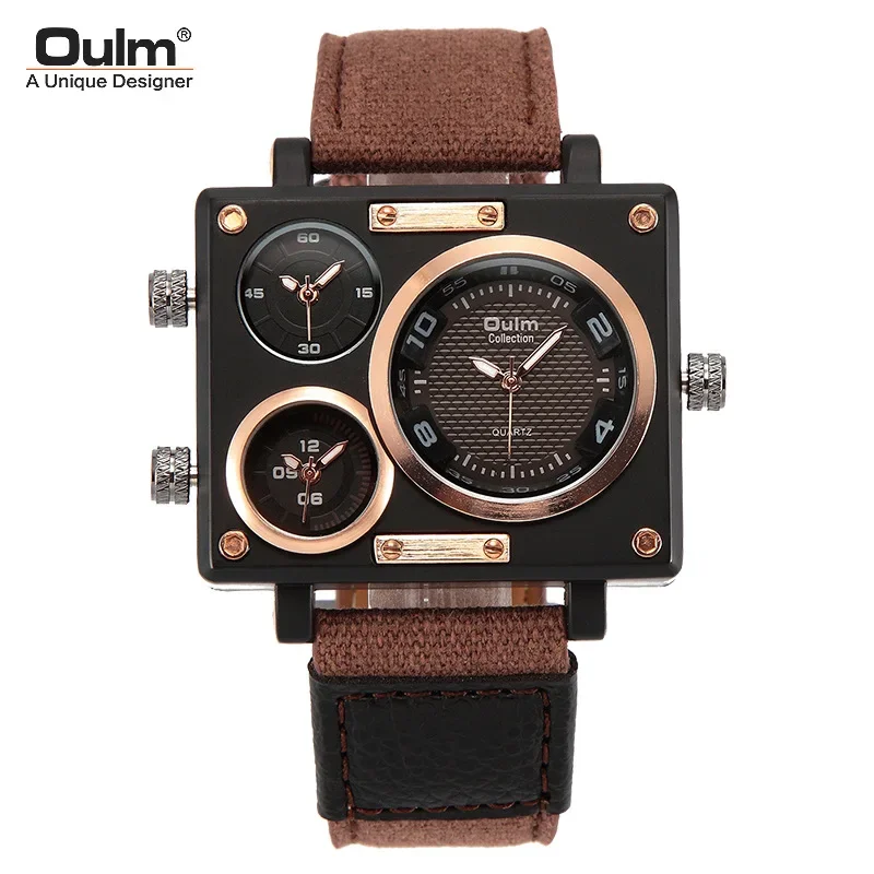 OULM Brand New Style Men\'s Watches Luxury Unique Designer Watches Men Fashion Square Big Face 3 Time Zone Casual Quartz Watch