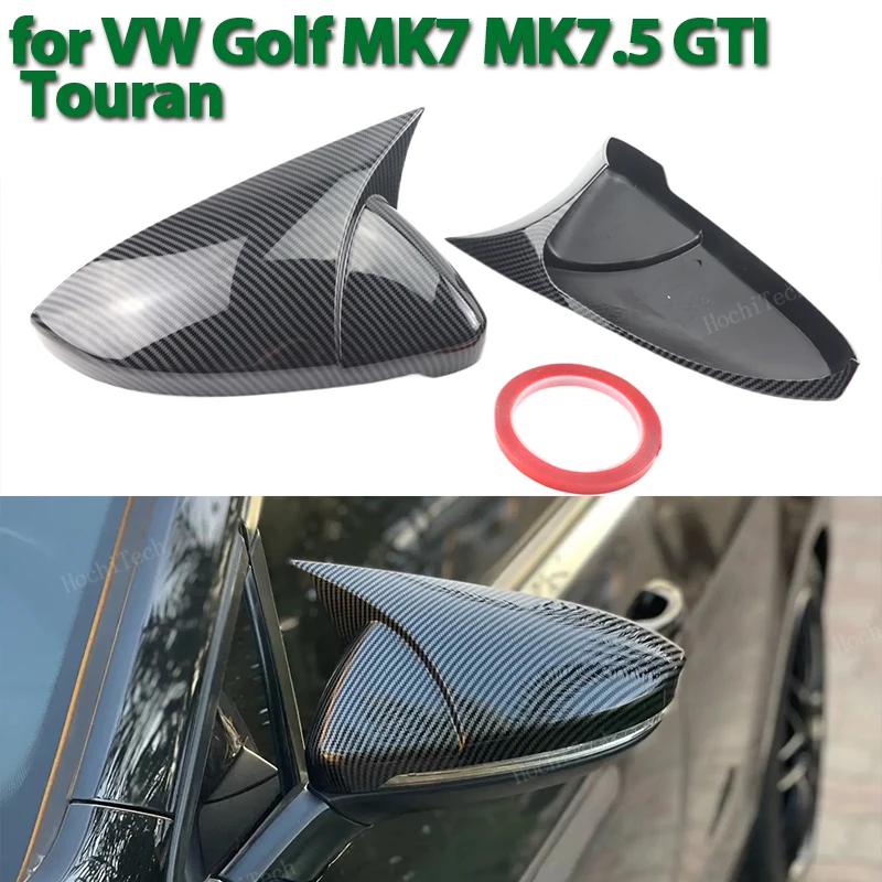 Add-on horn shape Carbon fiber pattern Black mirror cover Overlay for Volkswagen VW Golf MK7 7.5 GTI 7 R Touran L 2013-2020