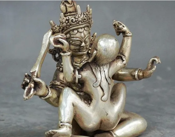 

YM 311 4" Old Chin5 Tibetan Buddhism Silver Vajra Mandkesvara Yab-Yum Buddha Statue