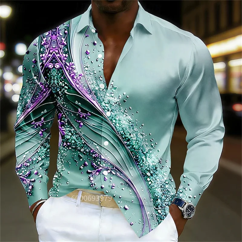 Men's Geometric Wave Abstract Art Shirt, Fashion Casual Vacation Collared 3D Printed Button-Up Shirt, Blue, Pink, Purple, Green