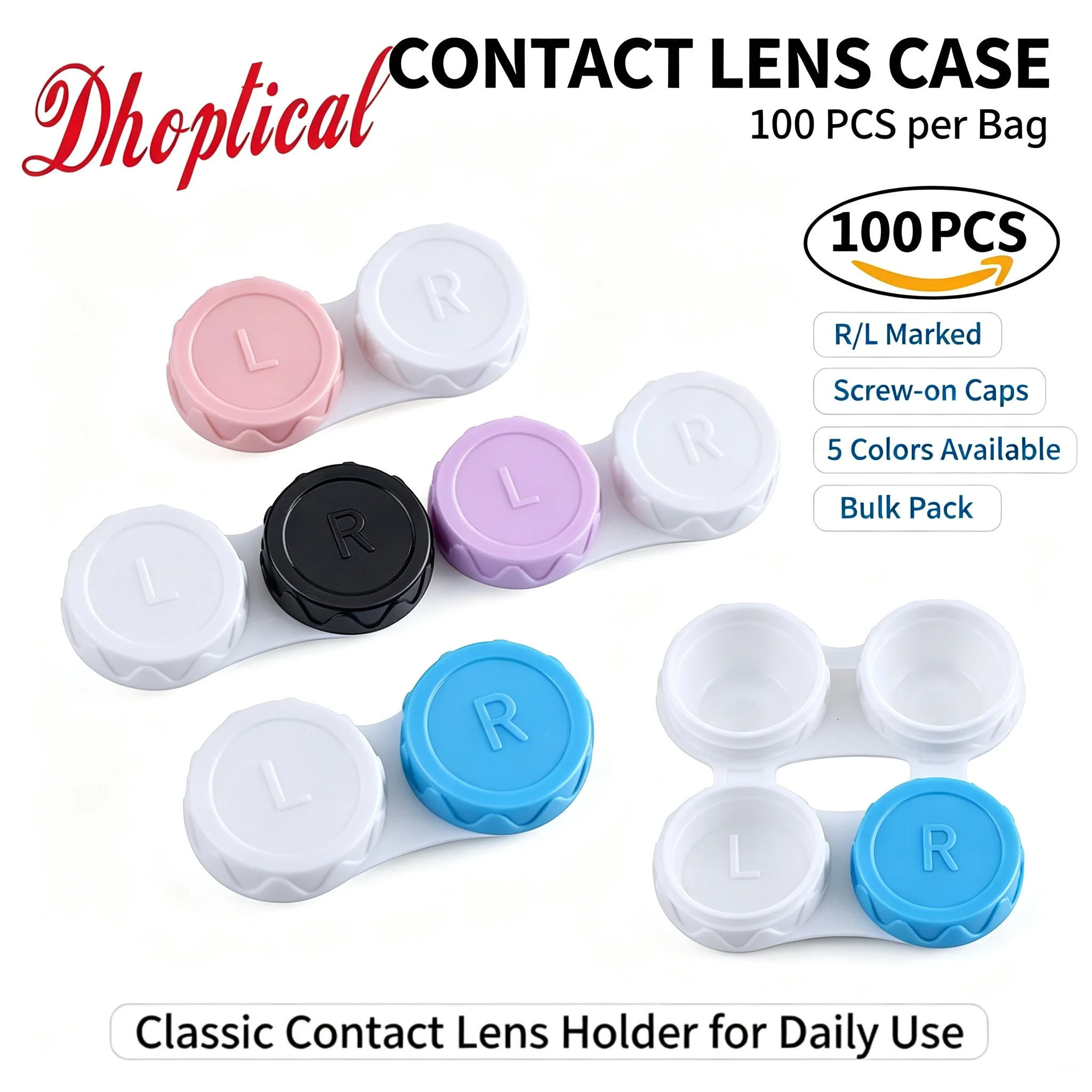 Classic Contact Lens Case, 100 PCS Bulk Pack R/L Marked Contact Lens Holder, Screw-on Caps Contact Lens Box with 5 Colors