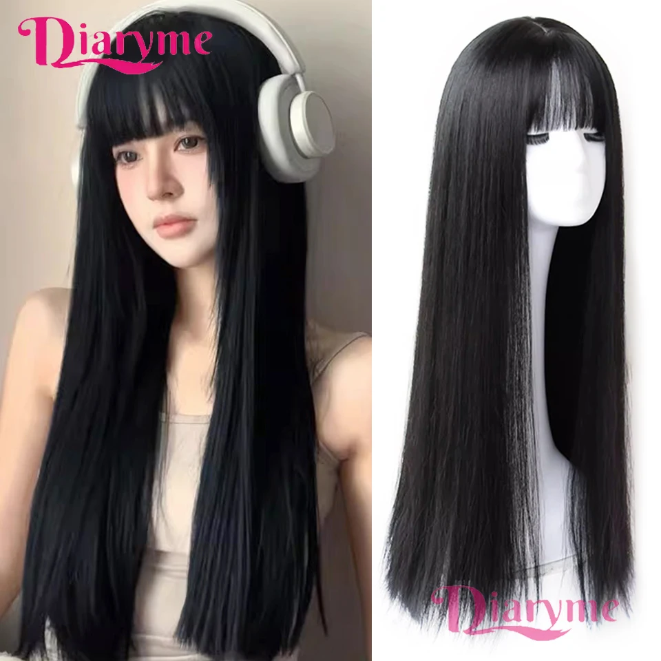 

Synthetic Black Long Straight Wig Full Head Female Air Bangs Fluffy Natural Fashion Daily Full Wig Lolita Cosplay Halloween Use