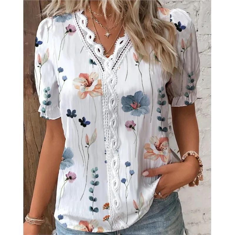 

Women's Summer New Top 2024 Flower Print Sexy V-Neck Hollow Short Sleeve Shirt Fashion Splice Plus Size Blouse Loose Streetwear