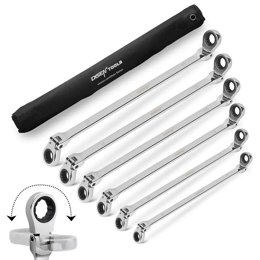 

Extra Long Flex Head Ratcheting Wrench set, 6Pcs Double Box End Long Reach Ratchet Wrench Set Metric 819mm, CRV Steel, with Pouc
