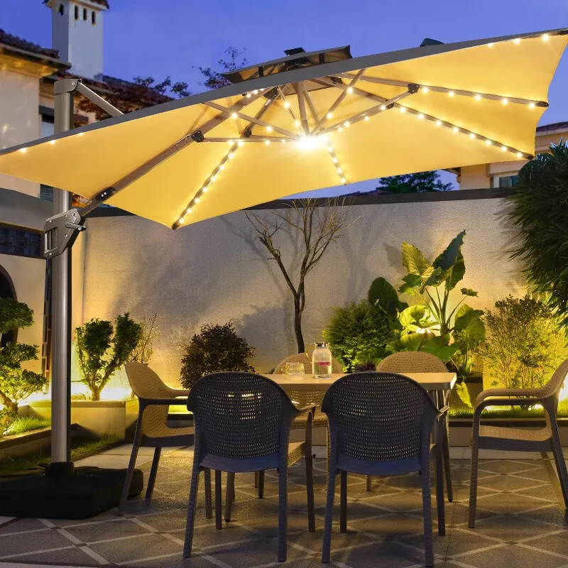 Parasol solarny ogrodowy, duży, z oświetleniem LED, na dzień i na noc, do użytku na zewnątrz.