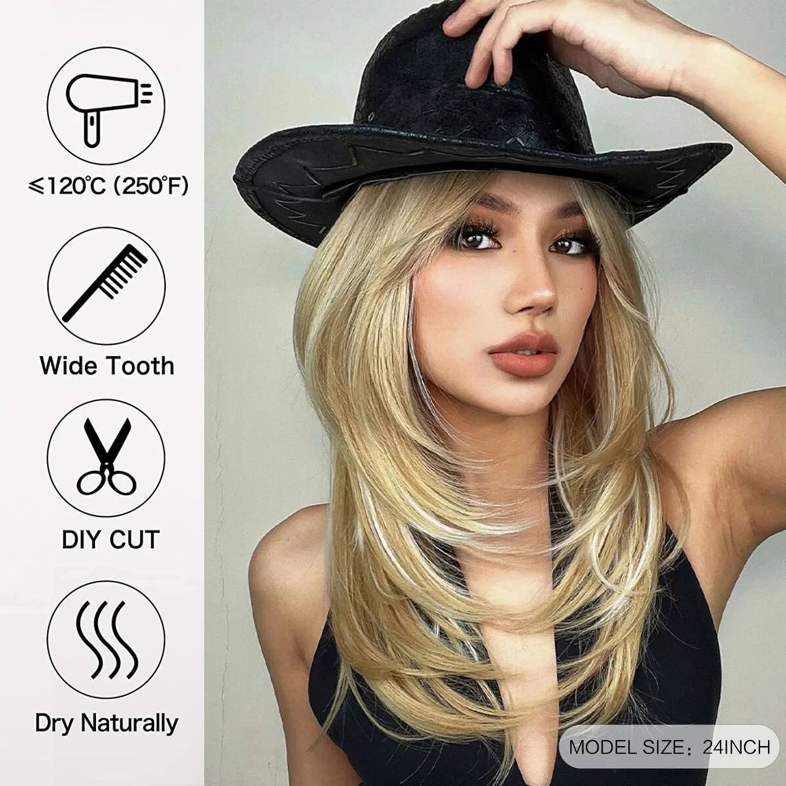 Long Blonde Mixed Wig with Bangs Ombre Layered Straight Synthetic Hair Wig with Dark Roots Bangs for Women Natural Looking Daily