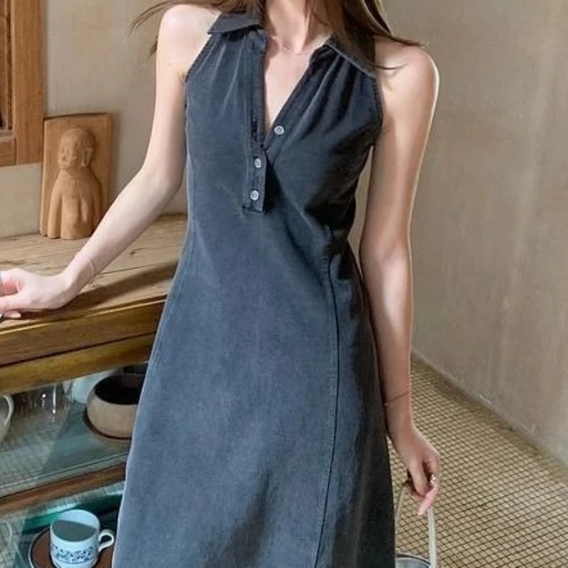 

Hanging Neck Polo Dress New Women's Summer Temperament High Waisted Long Skirt