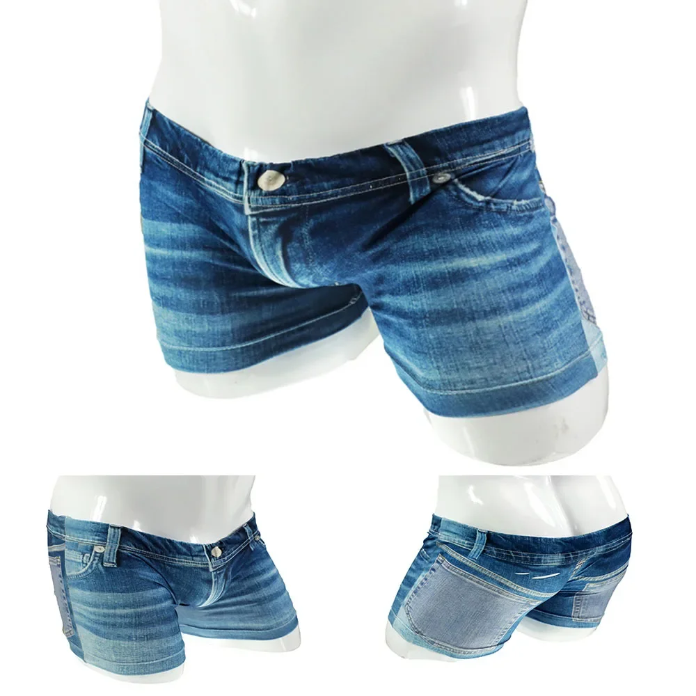 Boxer uomo Big Bulge Pouchshorts uomo Ice Silk Thins 3D Denim stampato falso Jean intimo mutande da uomo