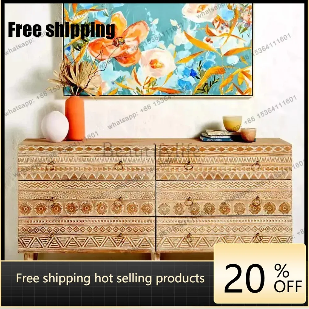 hot Medieval Solid Wood Dining Side Cabinet Modern Light Luxury Carved Storage Storage CabinetFactory Direct