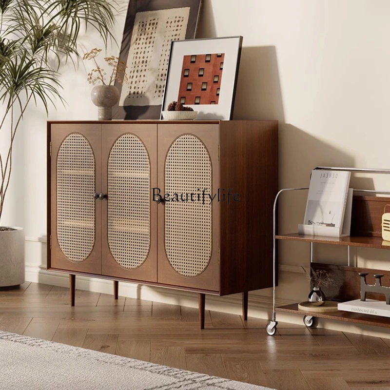 

04Japanese retro rattan side cabinet against the wall New Chinese kitchen locker