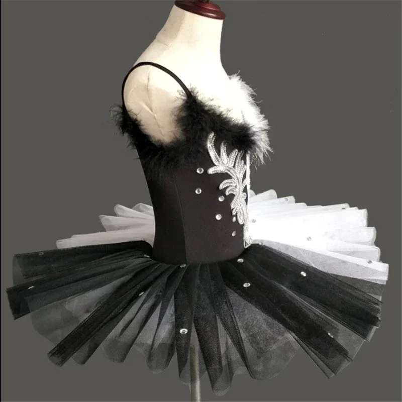 Vestido tutú de Ballet con costura en blanco y negro para niñas, traje profesional de bailarina de encaje delicado con lago de los cisnes